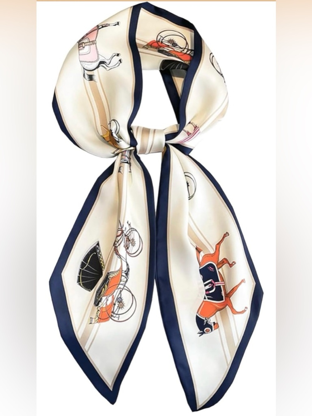 Silk-Feel Cream & Navy Equestrian Print Scarf